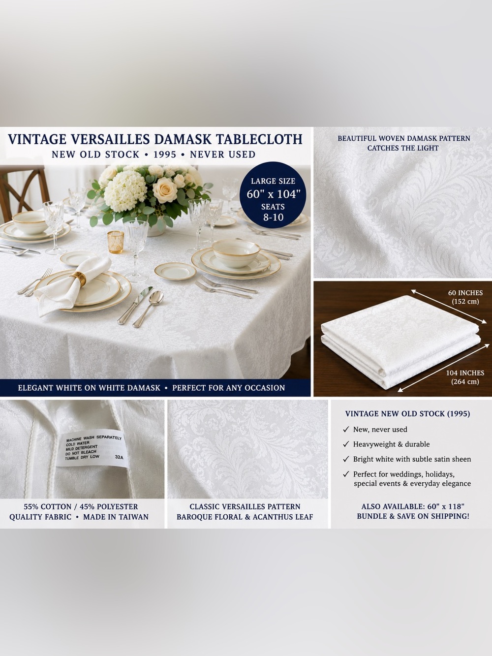 Vintage New Versailles Damask White Tablecloth 60x104 New Old Stock 1995